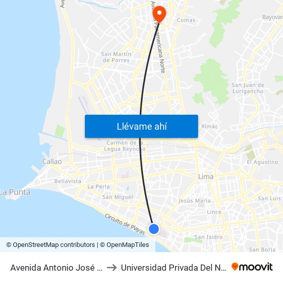 Avenida Antonio José De Sucre, 574 to Universidad Privada Del Norte Lima Norte map