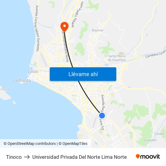 Tinoco to Universidad Privada Del Norte Lima Norte map