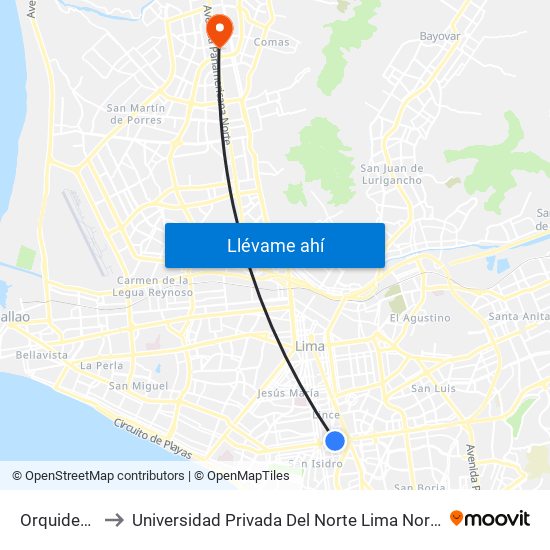 Orquideas to Universidad Privada Del Norte Lima Norte map