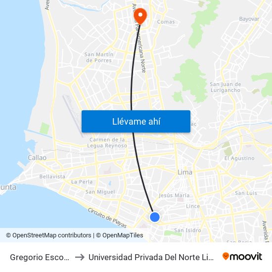 Gregorio Escobedo to Universidad Privada Del Norte Lima Norte map