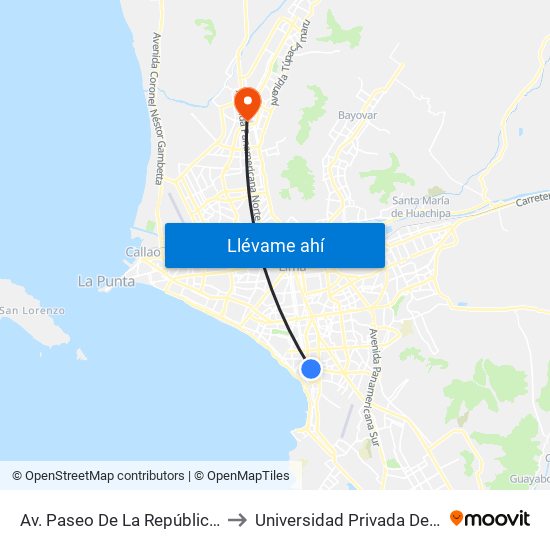 Av. Paseo De La República (Parque Reducto) to Universidad Privada Del Norte Lima Norte map