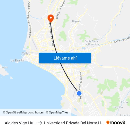 Alcides Vigo Hurtado to Universidad Privada Del Norte Lima Norte map