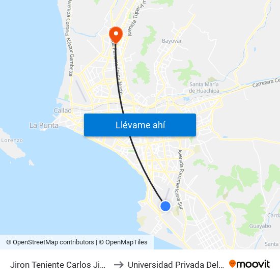 Jiron Teniente Carlos Jimenez Chavez, 116 to Universidad Privada Del Norte Lima Norte map