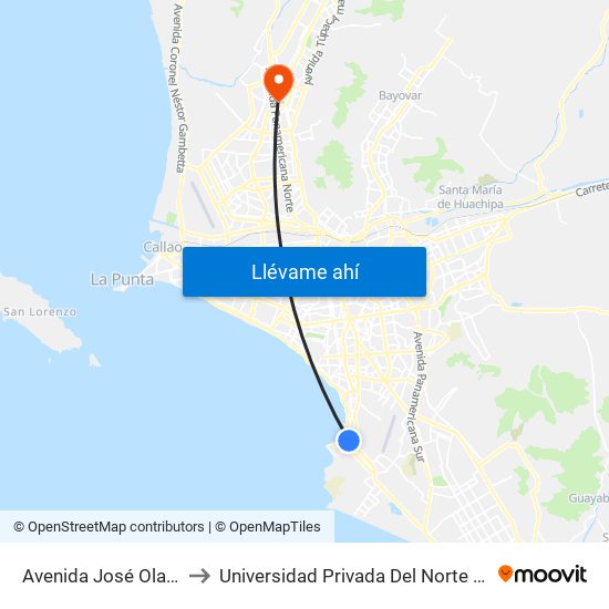 Avenida José Olaya, 165 to Universidad Privada Del Norte Lima Norte map
