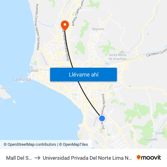 Mall Del Sur to Universidad Privada Del Norte Lima Norte map
