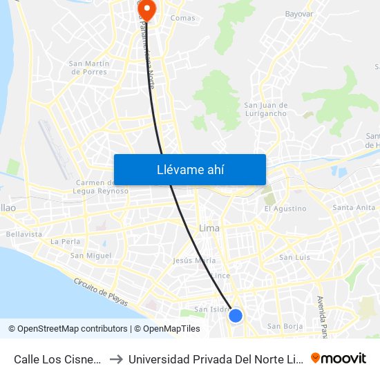 Calle Los Cisnes, 584 to Universidad Privada Del Norte Lima Norte map