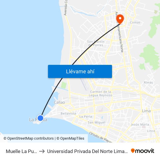 Muelle La Punta to Universidad Privada Del Norte Lima Norte map