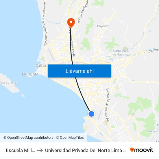 Escuela Militar to Universidad Privada Del Norte Lima Norte map