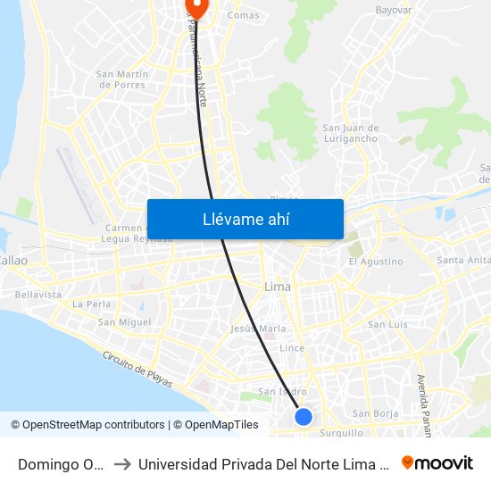 Domingo Orué to Universidad Privada Del Norte Lima Norte map