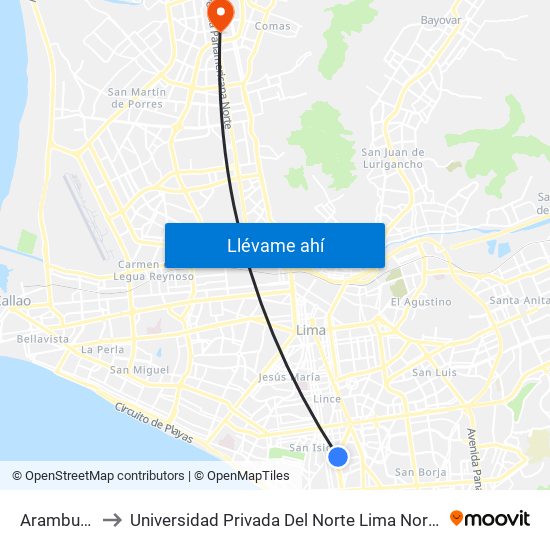 Aramburú to Universidad Privada Del Norte Lima Norte map