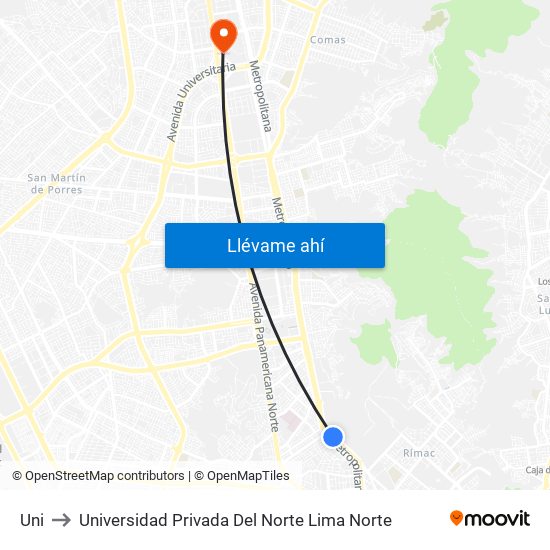 Uni to Universidad Privada Del Norte Lima Norte map