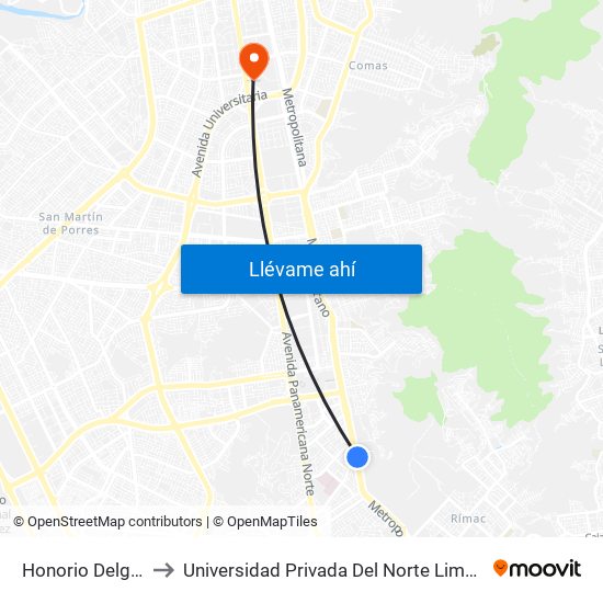 Honorio Delgado to Universidad Privada Del Norte Lima Norte map