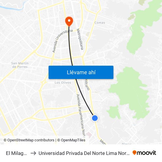 El Milagro to Universidad Privada Del Norte Lima Norte map