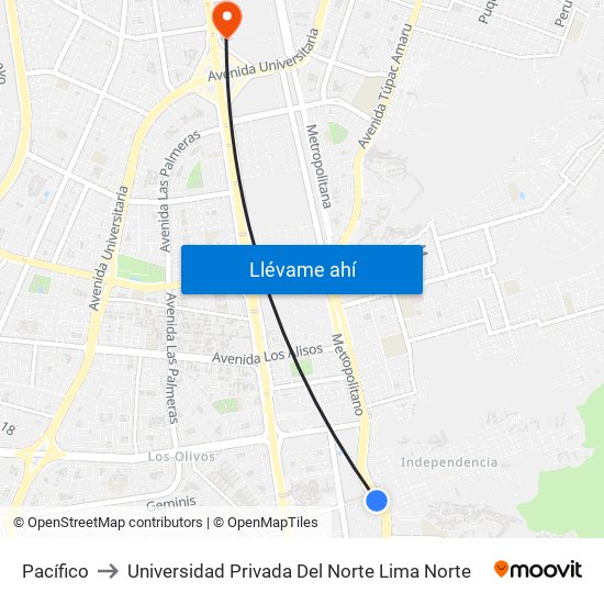 Pacífico to Universidad Privada Del Norte Lima Norte map