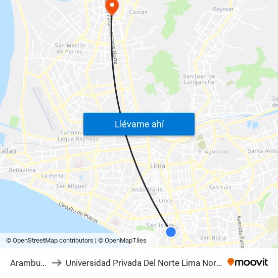 Aramburú to Universidad Privada Del Norte Lima Norte map