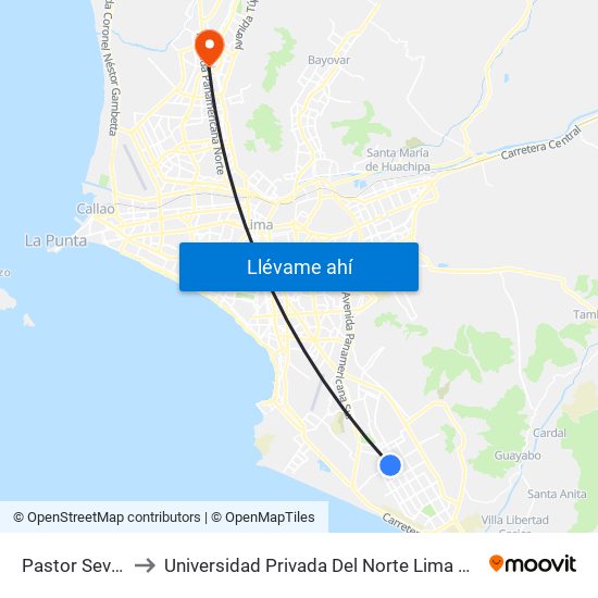 Pastor Sevilla to Universidad Privada Del Norte Lima Norte map