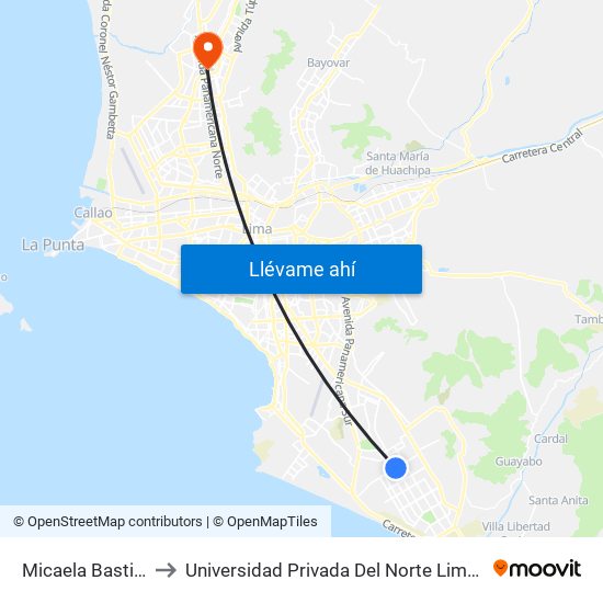 Micaela Bastidas to Universidad Privada Del Norte Lima Norte map