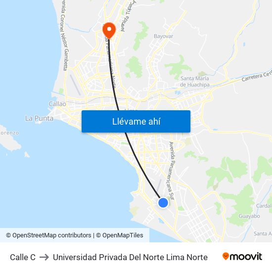 Calle C to Universidad Privada Del Norte Lima Norte map