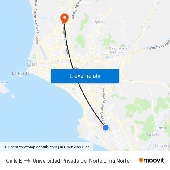 Calle E to Universidad Privada Del Norte Lima Norte map
