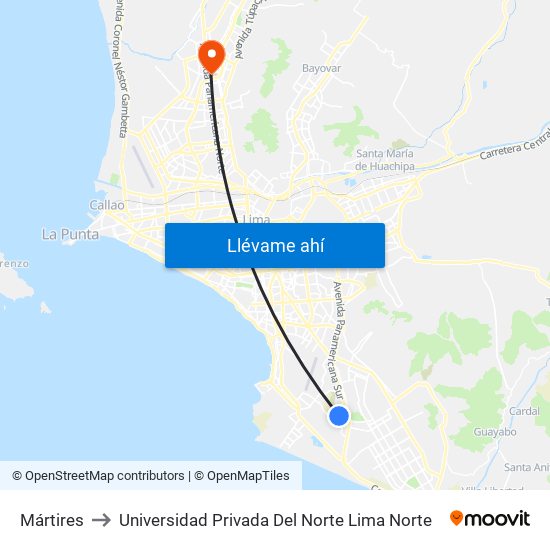 Mártires to Universidad Privada Del Norte Lima Norte map