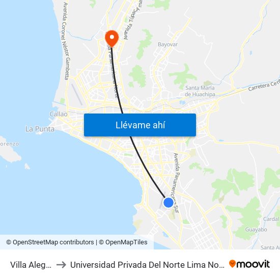 Villa Alegre to Universidad Privada Del Norte Lima Norte map