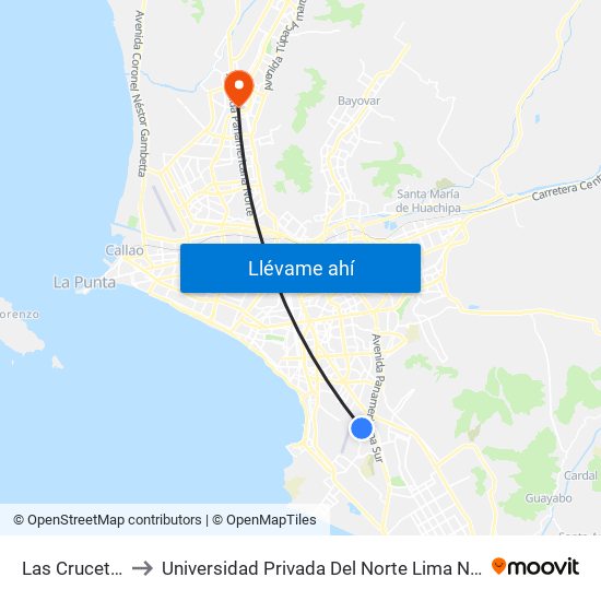 Las Crucetas to Universidad Privada Del Norte Lima Norte map