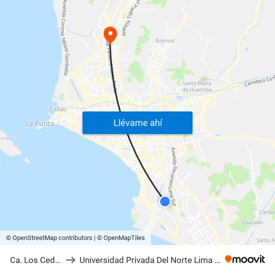 Ca. Los Cedros to Universidad Privada Del Norte Lima Norte map