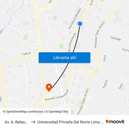 Av. A. Belaunde to Universidad Privada Del Norte Lima Norte map