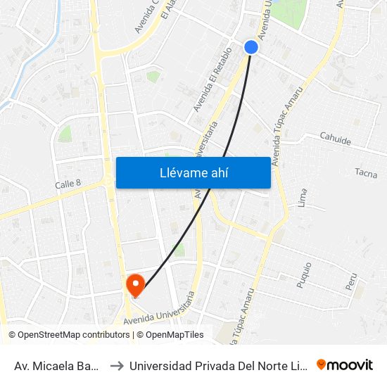 Av. Micaela Bastidas to Universidad Privada Del Norte Lima Norte map