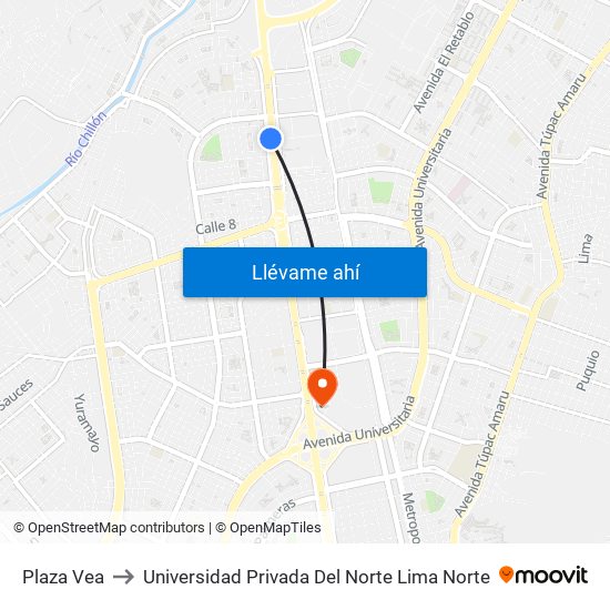 Plaza Vea to Universidad Privada Del Norte Lima Norte map
