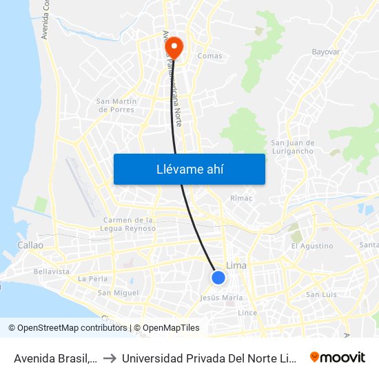 Avenida Brasil, 601 to Universidad Privada Del Norte Lima Norte map