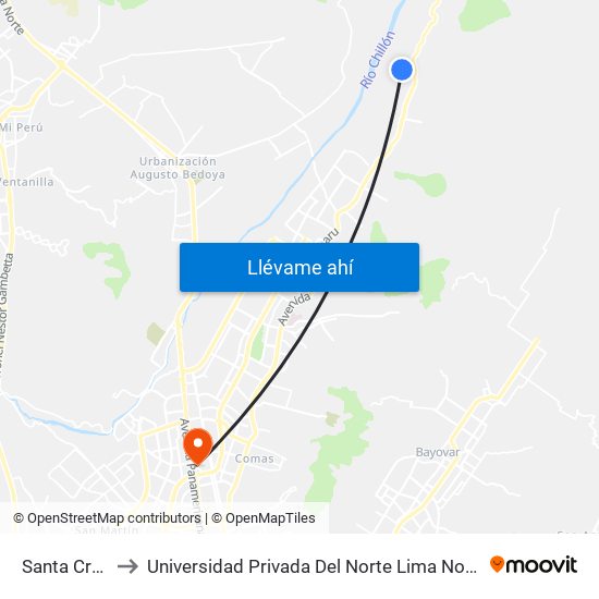 Santa Cruz to Universidad Privada Del Norte Lima Norte map