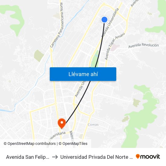 Avenida San Felipe, 1002 to Universidad Privada Del Norte Lima Norte map