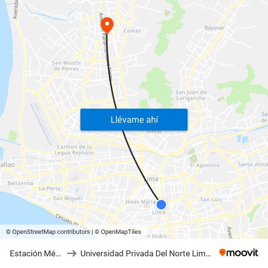 Estación México to Universidad Privada Del Norte Lima Norte map