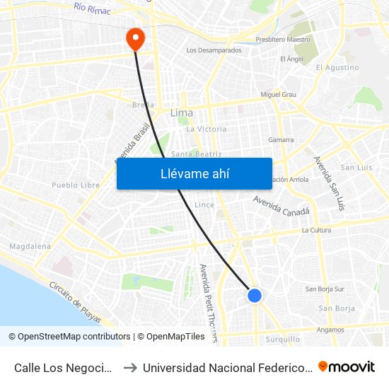 Calle Los Negocios, 499 to Universidad Nacional Federico Villarreal map