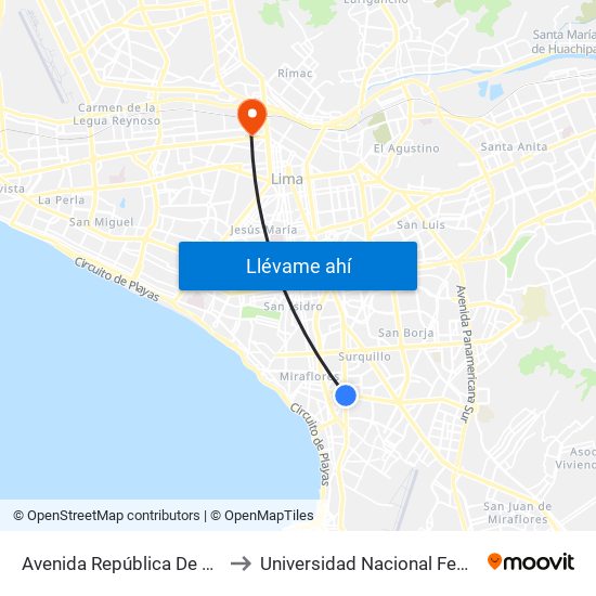 Avenida República De Panamá, 6239 to Universidad Nacional Federico Villarreal map