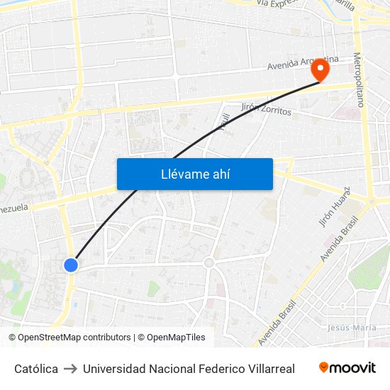 Católica to Universidad Nacional Federico Villarreal map