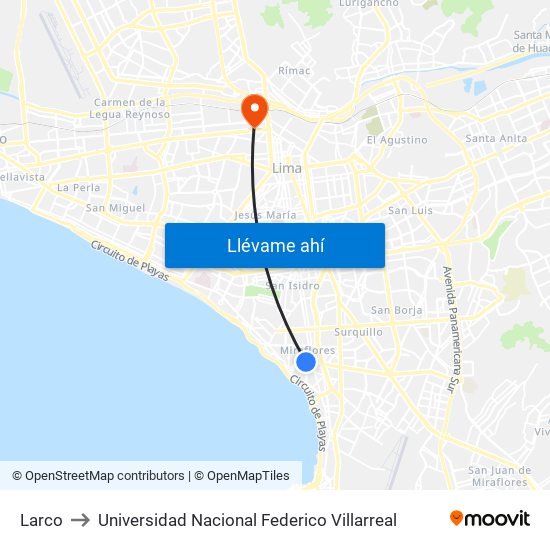 Larco to Universidad Nacional Federico Villarreal map
