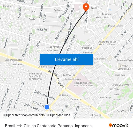 Brasil to Clinica Centenario Peruano Japonesa map
