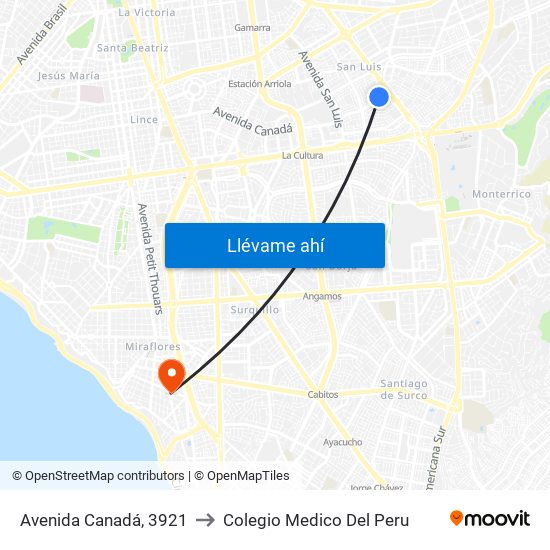 Avenida Canadá, 3921 to Colegio Medico Del Peru map