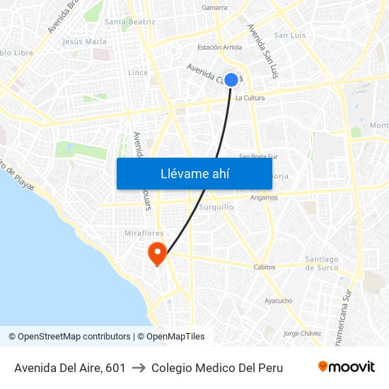 Avenida Del Aire, 601 to Colegio Medico Del Peru map