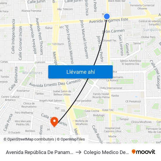 Avenida República De Panamá, 4746 to Colegio Medico Del Peru map