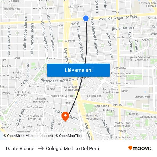 Dante Alcócer to Colegio Medico Del Peru map
