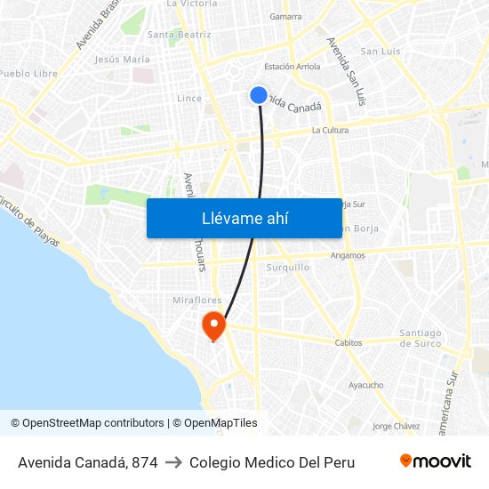 Avenida Canadá, 874 to Colegio Medico Del Peru map