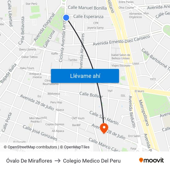 Óvalo De Miraflores to Colegio Medico Del Peru map