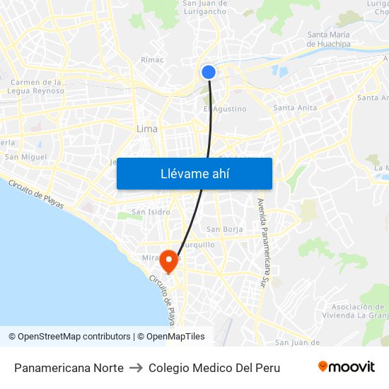 Panamericana Norte to Colegio Medico Del Peru map