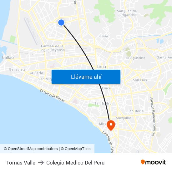Tomás Valle to Colegio Medico Del Peru map