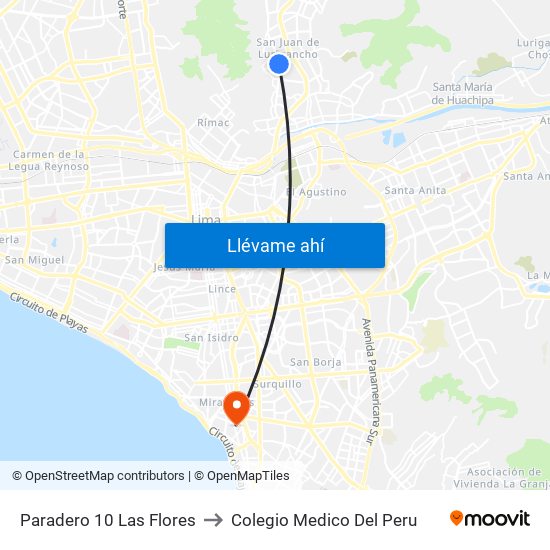 Paradero 10 Las Flores to Colegio Medico Del Peru map