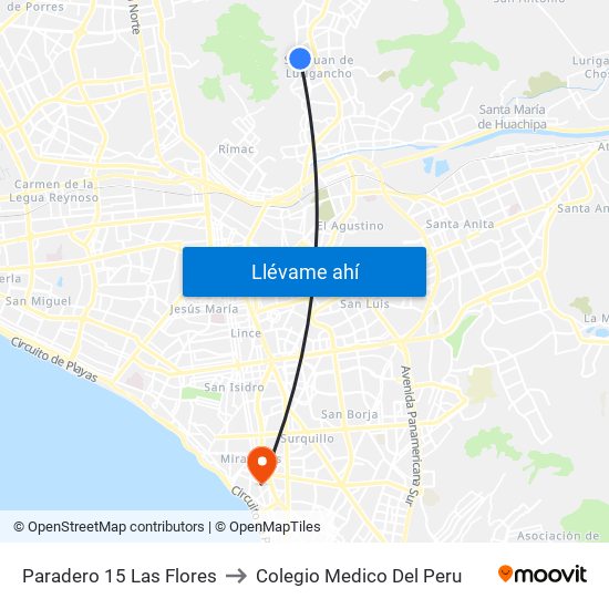 Paradero 15 Las Flores to Colegio Medico Del Peru map
