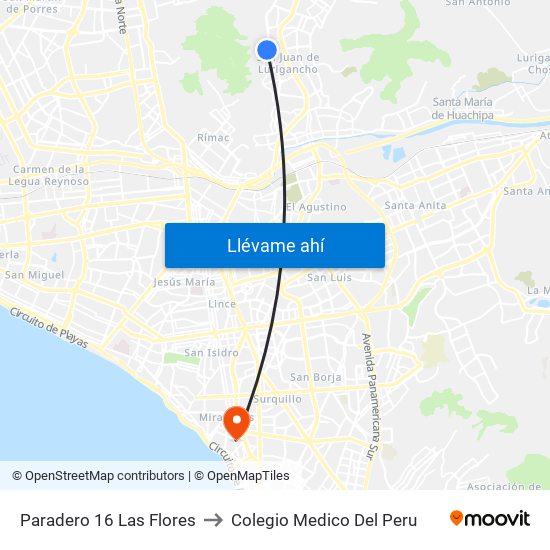 Paradero 16 Las Flores to Colegio Medico Del Peru map